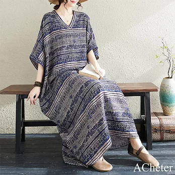 【ACheter】藍色條紋度假風旅游V領復古短袖長裙