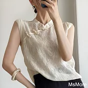 【MsMore】 鏤空冰絲針織衫寬鬆顯瘦中式國風盤扣無袖短版上衣# 121367 FREE 米白色