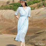 【ACheter】 棉麻感連身裙新中式純藍色海邊度假風木耳邊V領長版洋裝# 121374 L 藍色