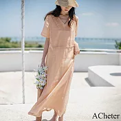 【ACheter】 棉麻連身裙文藝簡約短袖V領柔美氣質抽繩寬鬆顯瘦長版洋裝# 121375 L 橘色