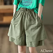 【ACheter】 大碼復古休閒短裙褲鬆緊腰系帶顯瘦闊腿純色五分褲# 121468 L 軍綠色