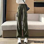 【MsMore】 工裝褲新款美式高腰闊腿寬鬆顯瘦學生窄版直筒休閒長褲# 121178 L 綠色