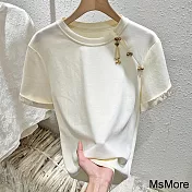 【MsMore】 新中式斜盤扣緹花短袖T恤別致時尚設計感國風短版上衣# 121276 M 白色