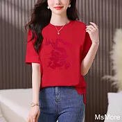 【MsMore】 國風重工刺繡龍年短袖圓領T恤短版上衣# 121538 M 紅色