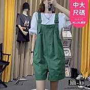 【Jilli~ko】中大尺碼大口袋顯瘦休閒工裝五分吊帶褲 J11755 FREE 綠色