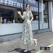 【Jilli~ko】韓版碎花V領中長款短袖收腰連衣裙 J11760 FREE 藍色
