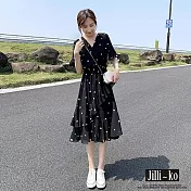 【Jilli~ko】黑色波點喇叭袖修身顯瘦雪紡連衣裙 L-XL J11759  XL 黑色