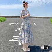 【Jilli~ko】V領碎花荷葉邊收腰蛋糕桔梗連衣裙 J11792 FREE 藍色