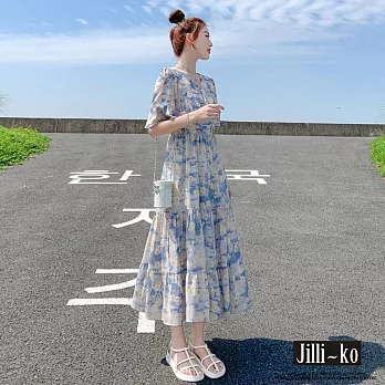 【Jilli~ko】V領碎花荷葉邊收腰蛋糕桔梗連衣裙 J11792  FREE 藍色