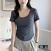 【Jilli~ko】中大尺碼春夏短袖薄款U領彈性百搭簡約短版T恤 M-XXL J11785 M 深灰色