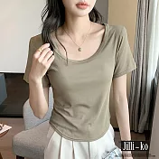 【Jilli~ko】中大尺碼春夏短袖薄款U領彈性百搭簡約短版T恤 M-XXL J11785 M 綠色