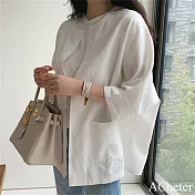 【ACheter】 新款韓版大碼寬鬆冰絲棉麻感圓領七分袖短版外套# 121235 M 白色