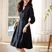 【MsMore】 簡約時尚通勤連身裙設計感氣質長袖中長版洋裝# 121248 M 藏青色