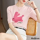 【MsMore】 短款粉色減齡圓領時尚少女學院風短袖針織上衣# 121303 FREE 粉紅色