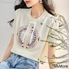 【MsMore】 冰絲針織衫新中式中國風貼布刺繡短袖圓領短版上衣# 121310 FREE 杏色