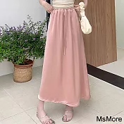 【MsMore】 抽繩復古冰絲緞麵醋酸高腰半身裙長款垂感遮胯傘裙# 121328 L 粉紅色