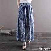 【ACheter】 棉麻感闊腿藍色碎花民族風寬鬆蠟染鬆緊腰裙褲夏季薄款直筒長寬褲# 121377 M 藍色
