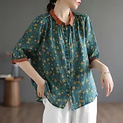 【ACheter】 韓版單排扣大碼上衣印花復古時尚棉麻感寬鬆型襯衫# 121381 M 綠色