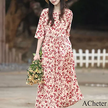 【ACheter】 連衣裙圓領五分短袖仙氣風優雅紅色碎花玫瑰長裙洋裝# 121382 XL 紅色