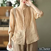 【ACheter】 襯衫棉麻感文藝簡約空調衫日系純色防曬長袖短版上衣# 121387 XL 杏色