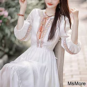 【MsMore】 白色仙女天絲感波西米亞風V領七分袖連身裙長版洋裝# 121578 L 白色