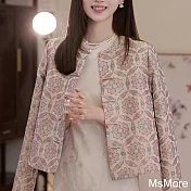 【MsMore】 新中式國風設計感獨特短外套氣質唐裝粉色印花長袖輕薄# 121583 L 粉紅色