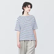 【MUJI 無印良品】女有機棉橫紋船領短袖T恤 M 藍橫紋