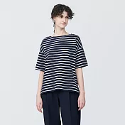 【MUJI 無印良品】女有機棉橫紋船領短袖T恤 XL 深藍紋樣