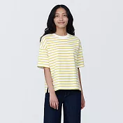 【MUJI 無印良品】女有機棉橫紋圓領短袖T恤 S 煙燻黃橫紋