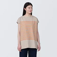 【MUJI 無印良品】女有機棉法式袖長版衫 M 橘橫紋