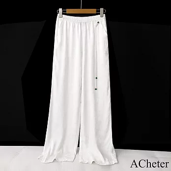 【ACheter】 國風鬆緊緹花高腰直筒闊腿長褲# 121390 XL 白色
