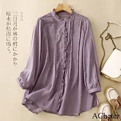 【ACheter】 木耳花邊防曬長袖寬鬆休閒文藝大碼襯衫中長版上衣# 121392 XL 紫色