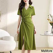 【MsMore】 大碼法式收腰遮肚顯瘦polo領短袖連身裙長版洋裝# 121402 M 果綠色