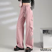 【MsMore】 美式束腳工裝潮酷薄款街舞寬鬆鬆緊高腰直筒休閒運動長褲# 121459 L 粉紅色