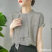 【MsMore】 千鳥格雪紡絲短袖寬鬆法式飄帶格子短版上衣# 121484 XL 花紋色