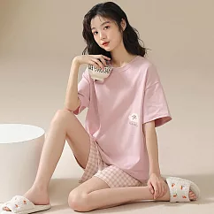 【EZlife】短袖純棉家居套裝 L 粉色格子