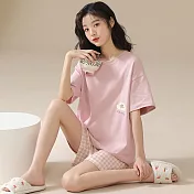 【EZlife】短袖純棉家居套裝 XL 粉色格子
