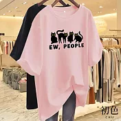 【初色】中大碼短袖貓貓英文字母印花T恤上衣女上衣-共5色-33122(M-4XL可選) 4XL 粉紅色