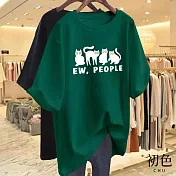 【初色】中大碼短袖貓貓英文字母印花T恤上衣女上衣-共5色-33122(M-4XL可選) 4XL 墨綠色