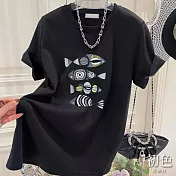 【初色】夏日小魚印花寬鬆圓領短袖T恤上衣-共5色-33119(M-2XL可選) L 黑色