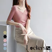 【Lockers 木櫃】法式短袖冰絲夏季V領針織衫 L113041602 L 水蜜桃粉L