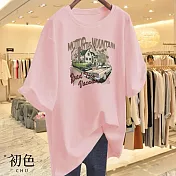 【初色】字母插畫風印花圓領短袖T恤上衣-共8色-33114(M-4XL可選) 3XL 粉紅色
