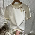 【初色】中式斜盤扣純色休閒百搭圓領短袖T恤女上衣-米色-33225(M-2XL可選) L 米色