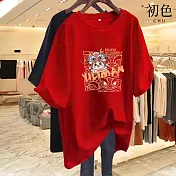 【初色】龍年卡通印花純色休閒寬鬆大碼圓領短袖T恤上衣-共2色-33209(M-2XL可選) M 紅色