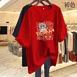 【初色】龍年卡通印花純色休閒寬鬆大碼圓領短袖T恤上衣-共2色-33209(M-2XL可選) XL 紅色