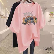 【初色】中大碼圓領彩色露營卡通印花短袖T恤上衣女上衣-共8色-33208(M-2XL可選) M 粉紅色