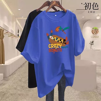 【初色】韓系寬鬆印花圓領短袖T恤上衣-共7色-33207(M-2XL可選) XL 藍色