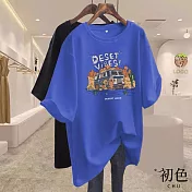 【初色】寬鬆大碼卡通印花休閒舒適百搭圓領短袖T恤上衣-共8色-33203(M-2XL可選) XL 藍色