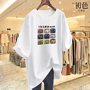 【初色】純色休閒大象印花寬鬆大碼舒適圓領短袖T恤上衣-共9色-33202(M-2XL可選) XL 白色