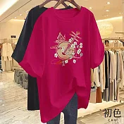 【初色】中大碼圓領文藝古風樂器印花短袖T恤上衣女上衣-共6色-33201(M-2XL可選) XL 紅色